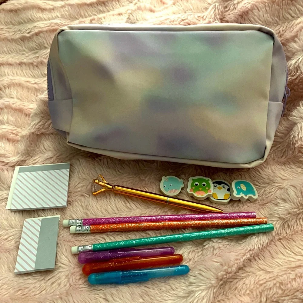 NWT Tie dye cosmetic bag/pencil pouch filled with school supplies